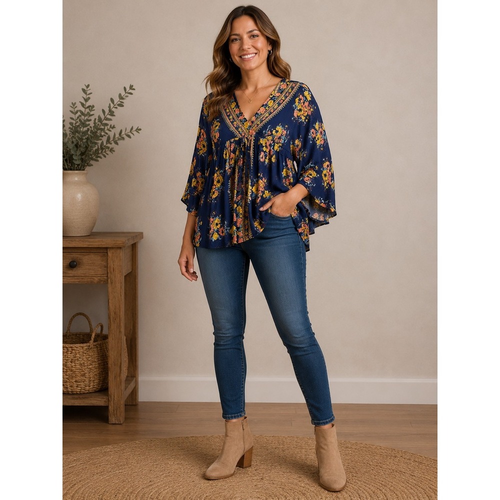 NWT Nostalgia Women's Bat Wing Blouse Floral Boho Flowy Size XL Whimsy Babydoll
